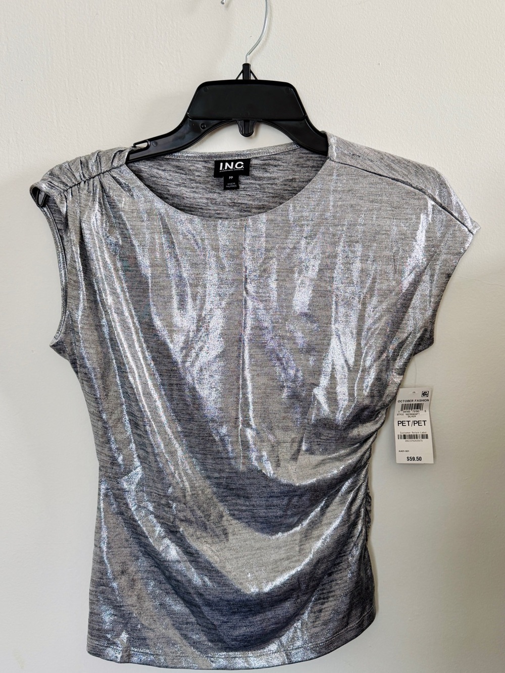 INC International Concepts Shimmering Silver Short Sleeve Top